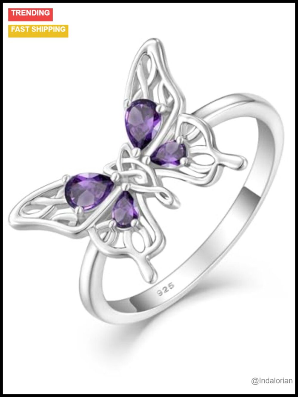 Sterling Silver Butterfly Statement Ring 18K White Gold Plated Teardrop